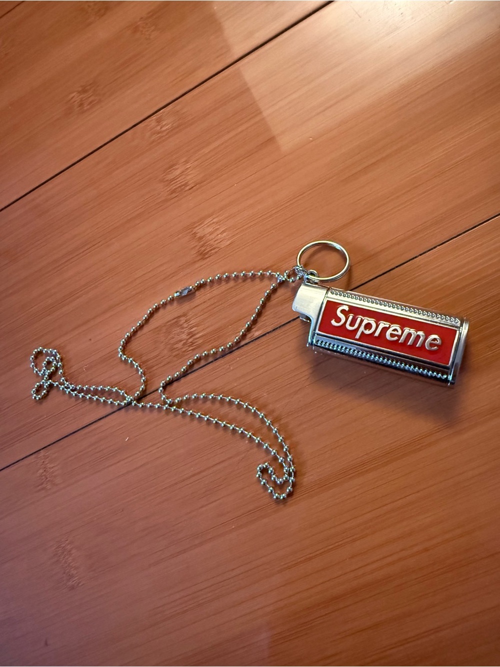 Supreme Red Logo Silver Zippo Style Keychain Necklace